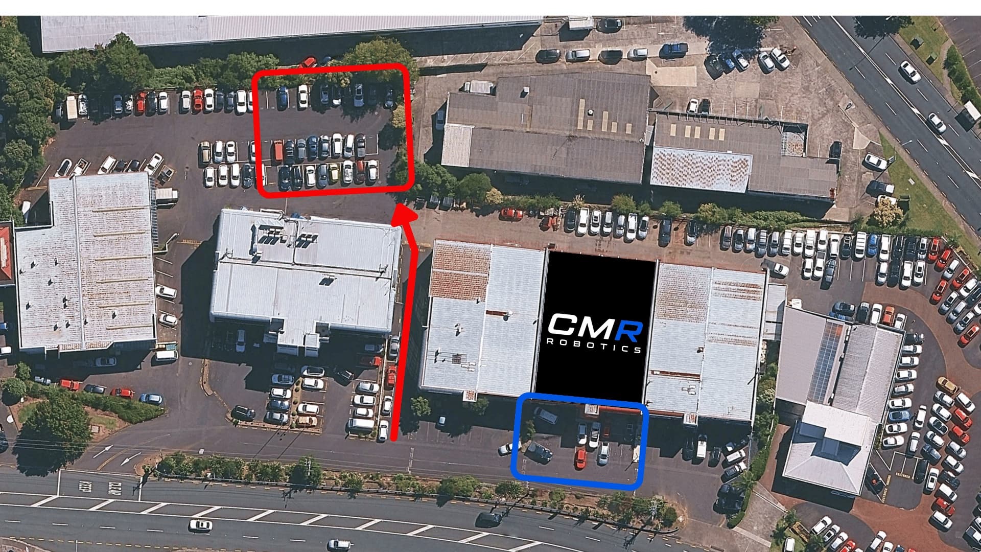 Parking guide for CMR Robotics showing red and blue highlighted parking areas